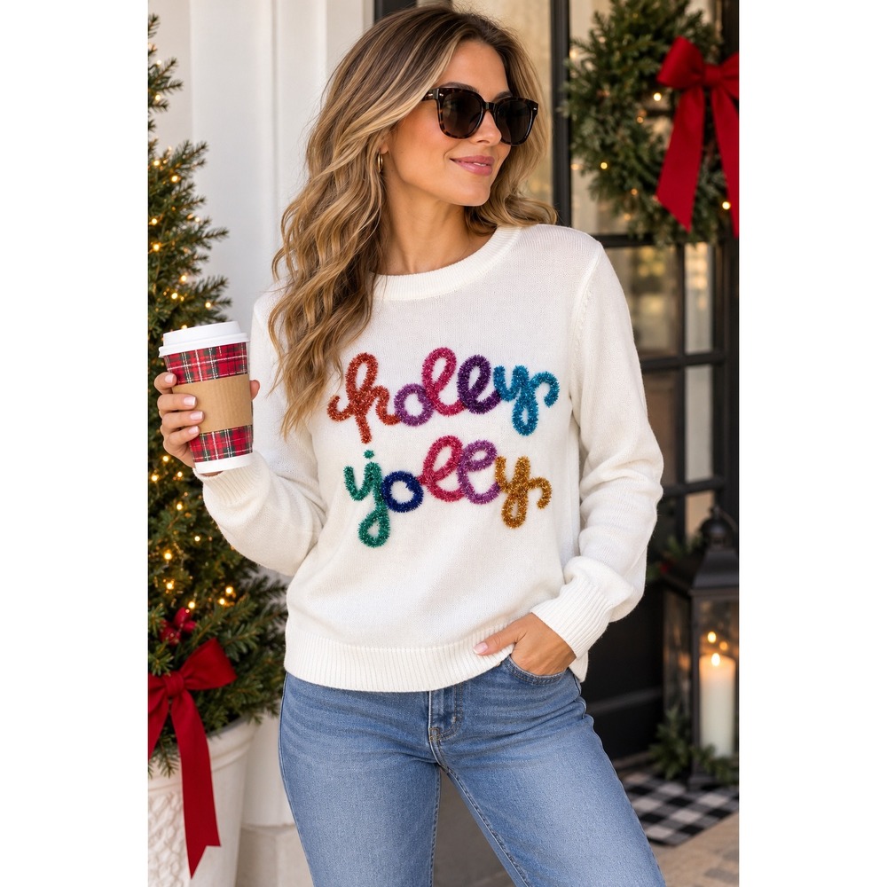 Avara Holly Jolly Sweater Women Medium White Tinsel Embroidery Crewneck Pullover